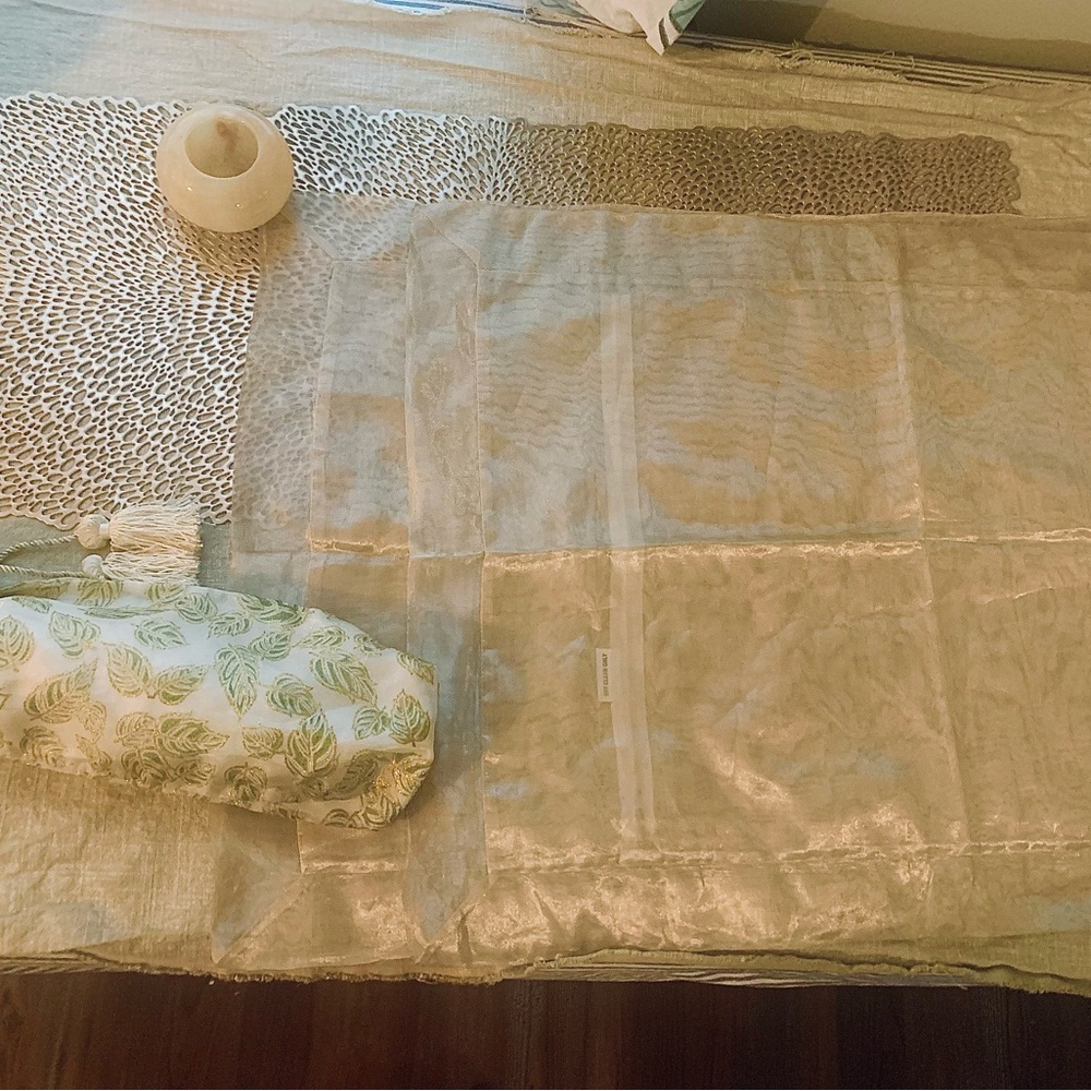 Golden Neiman Marcus:Alabaster Bowl,Silk Shams Cutout Runner, 2 way Pouch